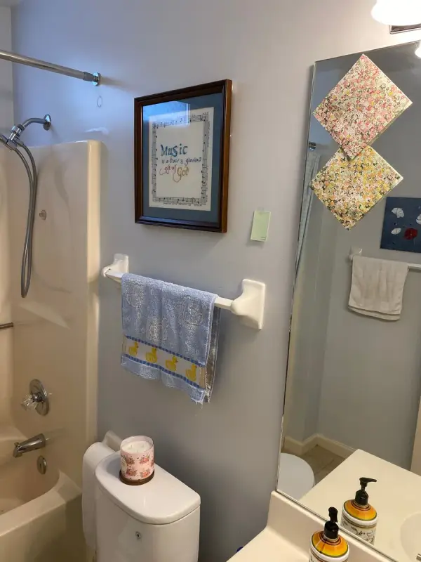 Bathroom with pale blue-gray walls and towel bar, Bellevue, TN