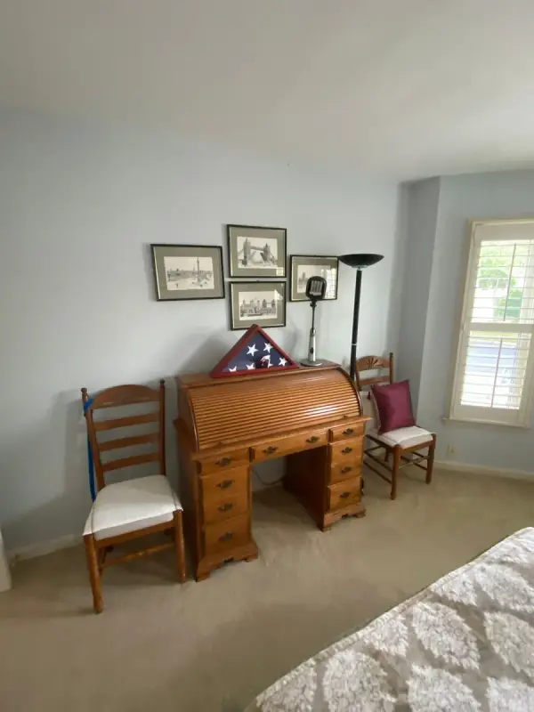 Pale blue-gray bedroom with a roll-top desk, Bellevue, TN