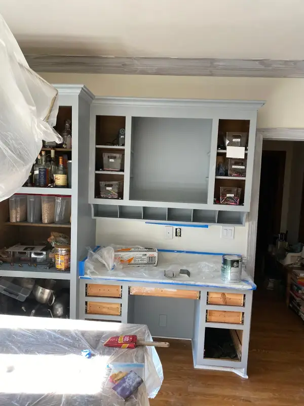 Built-in desk mid-project with doors removed and bare drawer boxes, Brentwood, TN