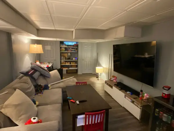 Basement family room with gray walls and white coffered ceiling, Brentwood, TN