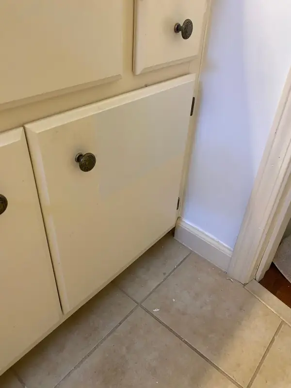Cream raised-panel vanity door and knob, close view, Bellevue, TN