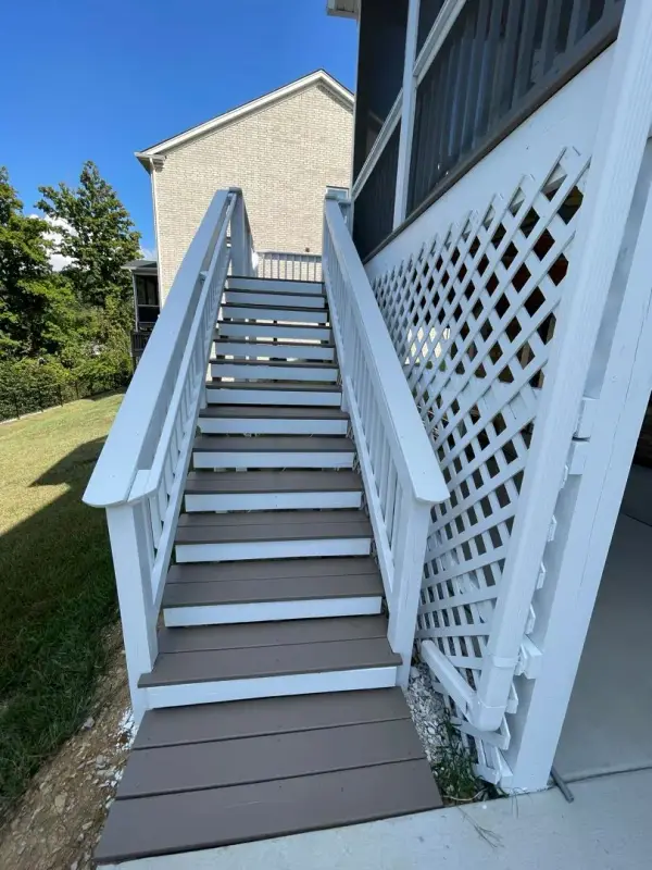 Long white-railed stair with brown-gray treads, Bellevue, TN