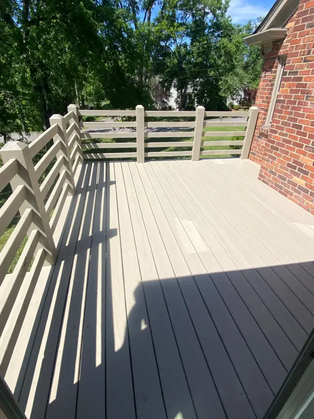Gray-taupe stained deck and horizontal railing in sun, Belle Meade, TN
