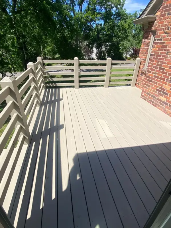 Gray-taupe stained deck and horizontal railing in sun, Belle Meade, TN