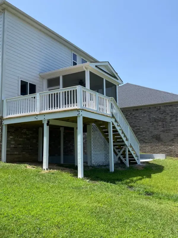 Deck with white railings and stair, side view, Bellevue, TN