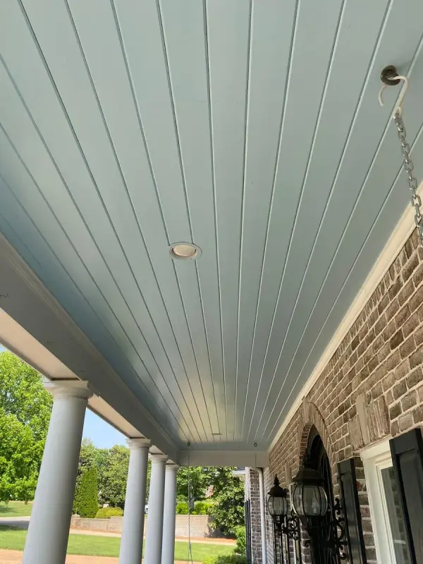 Pale blue tongue-and-groove porch ceiling over white columns, Franklin, TN