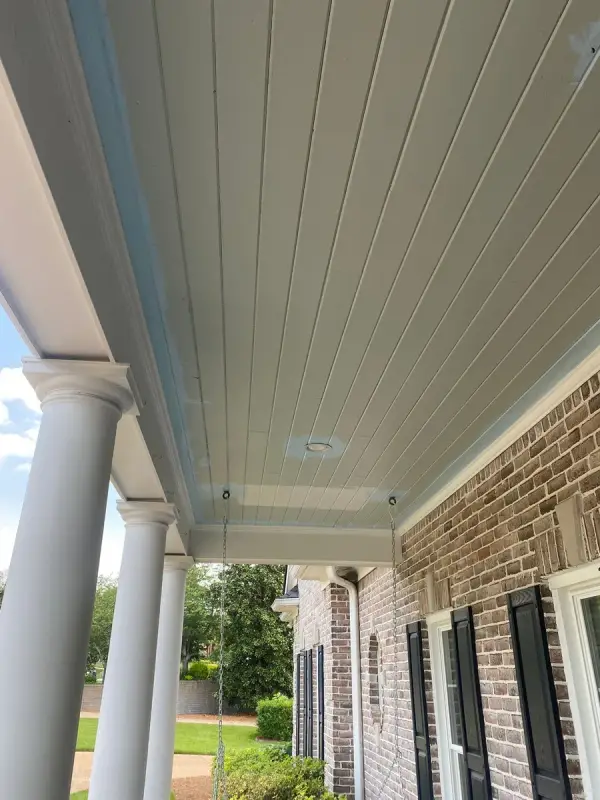 Pale blue porch ceiling running past black-shuttered windows, Franklin, TN