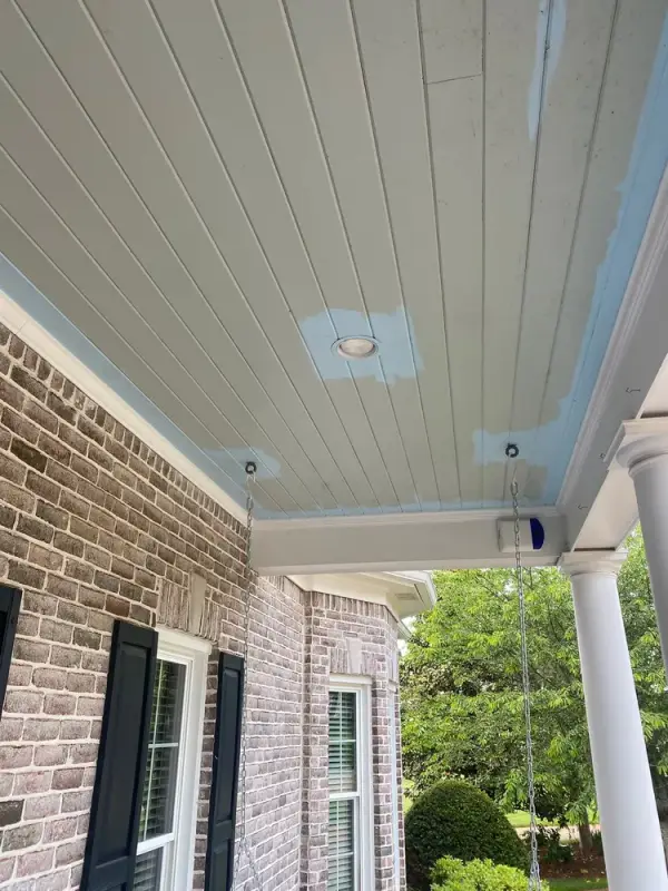 Porch ceiling mid-coat with a primer patch by the light, Franklin, TN