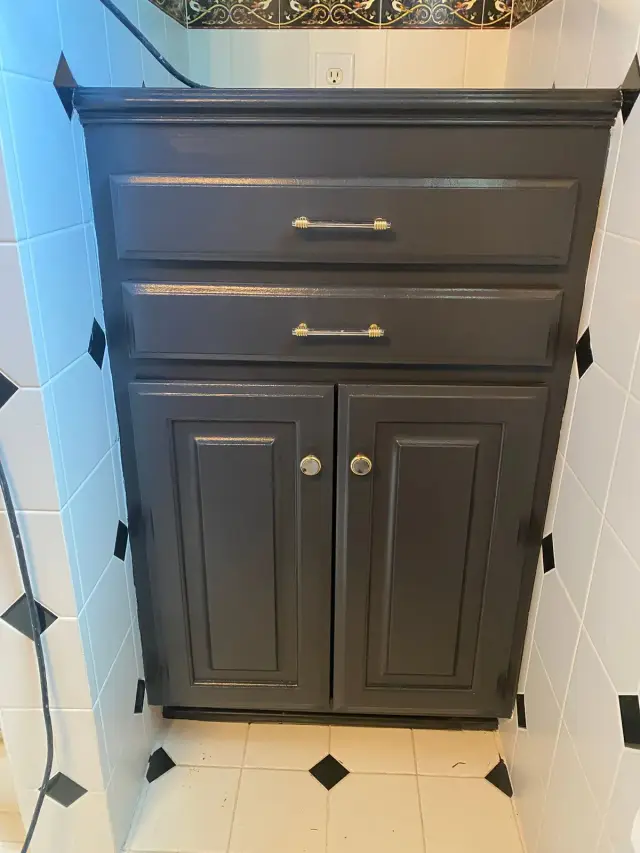 Dark charcoal vanity with raised-panel doors and nickel pulls, Franklin, TN