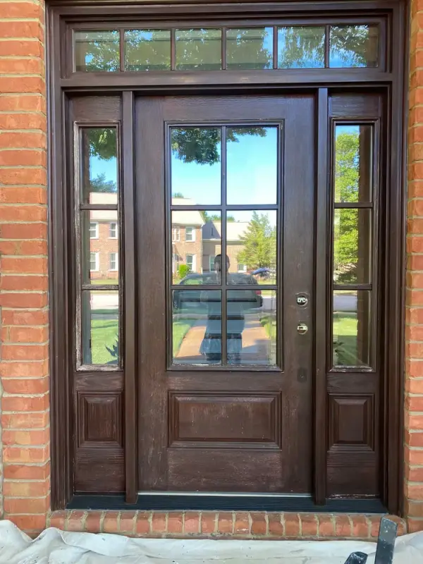 Dark mahogany-stained front door with transom and sidelights, Franklin, TN