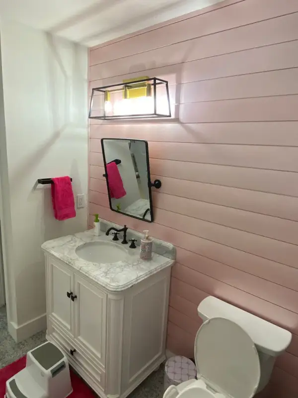 Pink shiplap accent wall behind a white bathroom vanity, Franklin, TN