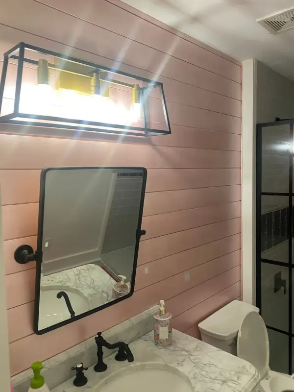 Pink horizontal shiplap wall behind a mirror and vanity light, Franklin, TN