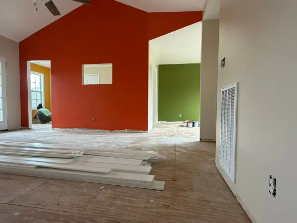 Burnt orange accent wall in a vaulted great room, Pleasant View, TN
