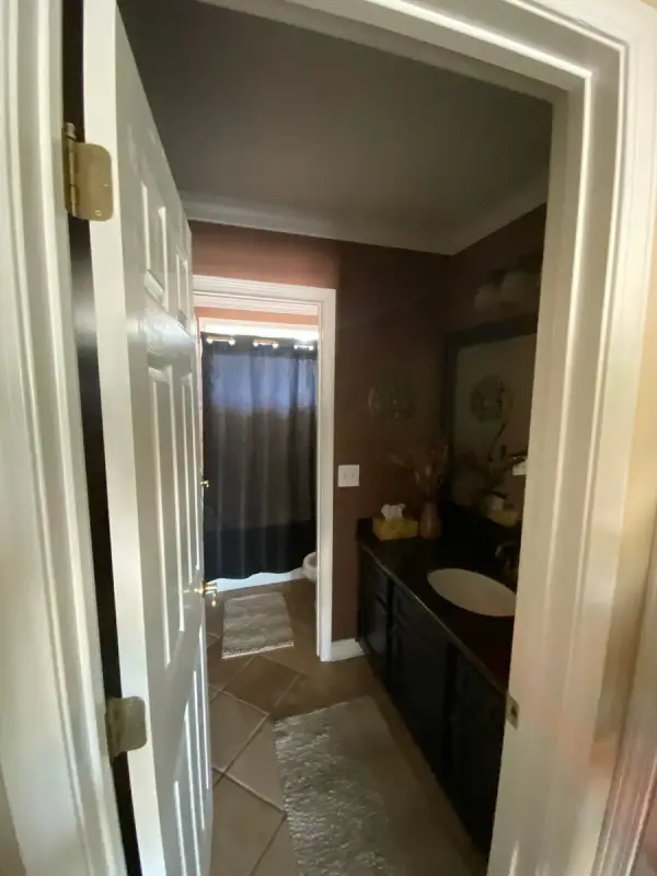Hall bath with dark walls seen through a white door, Bellevue, TN