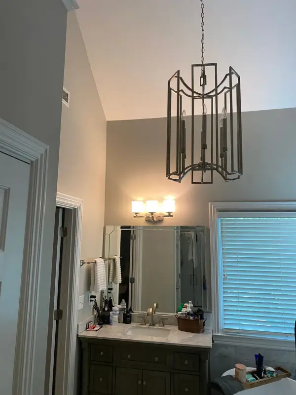 Bathroom with greige walls, white window trim and vanity, Brentwood, TN