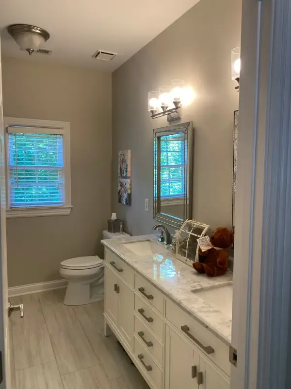 Bathroom with greige walls and white vanity, Brentwood, TN