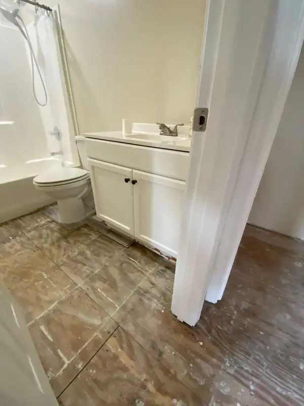 Bathroom with white vanity and tub over a bare subfloor, Pleasant View, TN