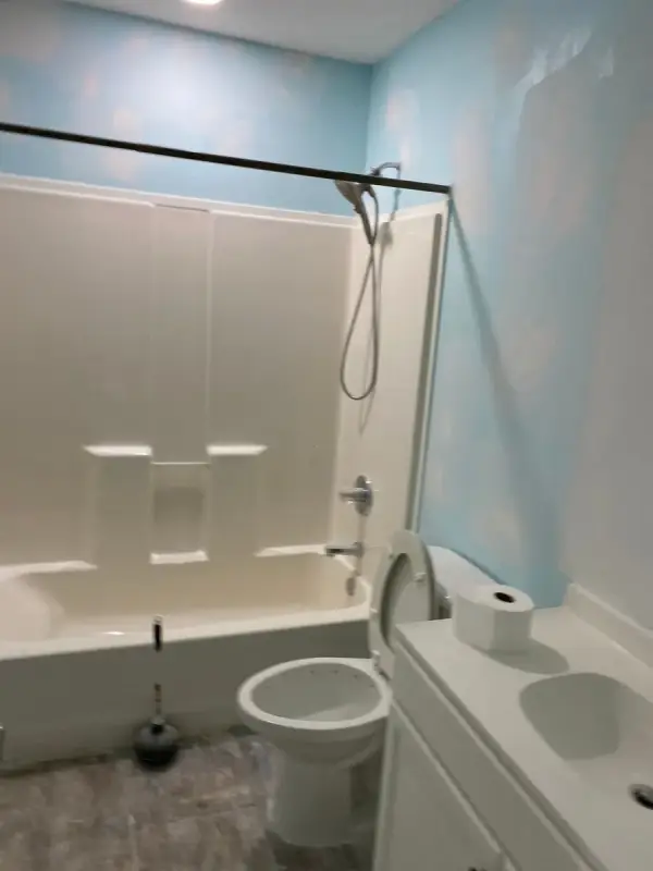 Bathroom with blue walls patched beside a tub, Pleasant View, TN
