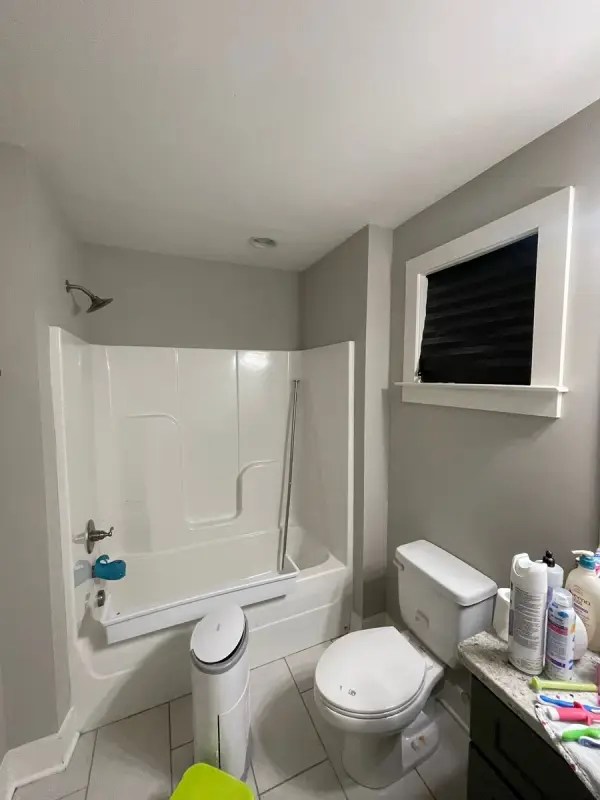 Gray bathroom with white window trim and tub surround, The Nations, Nashville, TN
