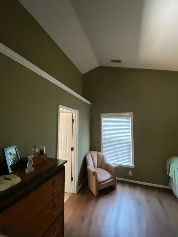 Olive green bedroom under a vaulted ceiling, Bellevue, TN