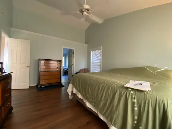 Pale blue-green primary bedroom with vaulted ceiling, Bellevue, TN