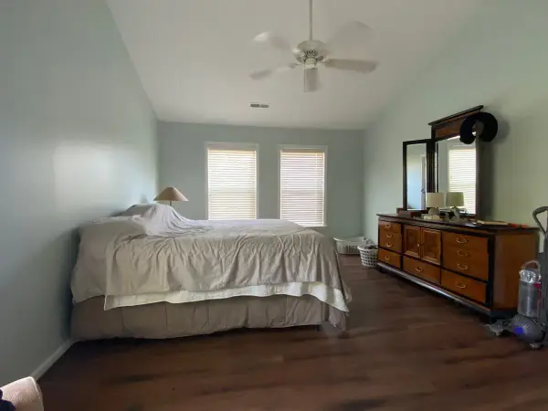 Pale blue-green primary bedroom, second angle, Bellevue, TN