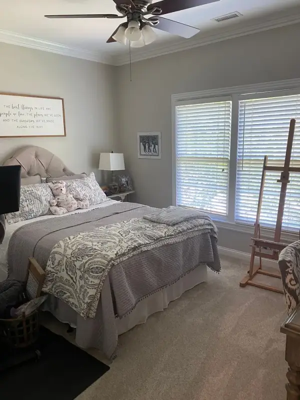 Bedroom with greige walls, white crown and ceiling fan, Brentwood, TN