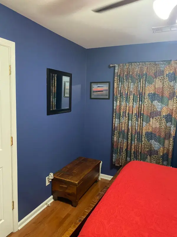 Navy blue bedroom with white door trim, Brentwood, TN