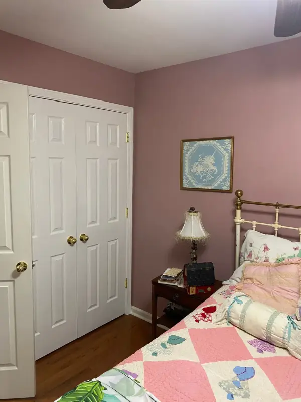 Dusty rose bedroom with white double closet doors, Brentwood, TN