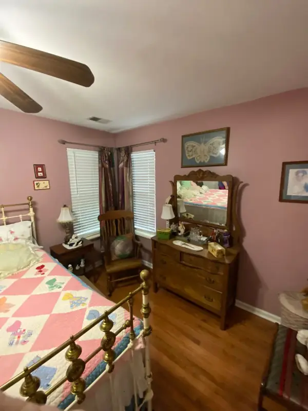 Dusty rose bedroom with white window trim, second angle, Brentwood, TN