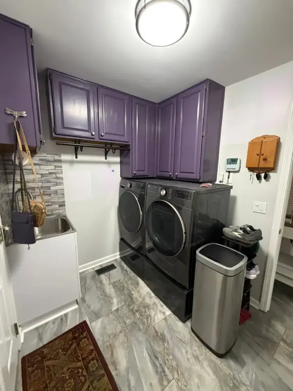 Laundry room with deep purple upper cabinets, Brentwood, TN