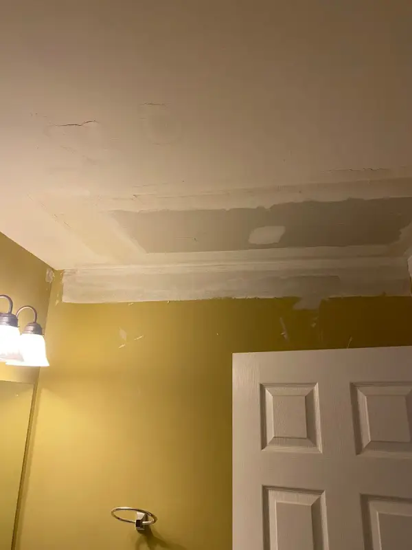 Patched bathroom ceiling over mustard yellow walls, Bellevue, TN