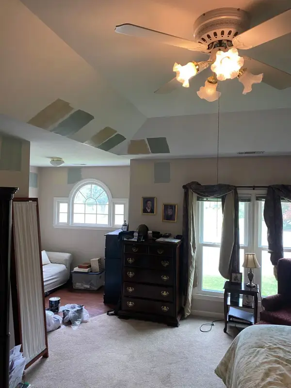 Paint swatches along the tray ceiling over an arched window, Bellevue, TN