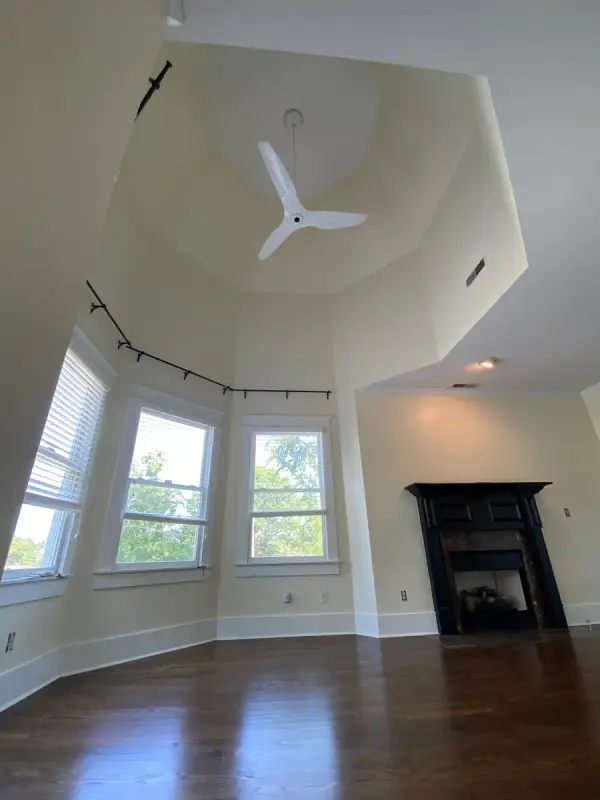 Tall angled tray ceiling with fan over a window bay, Brentwood, TN