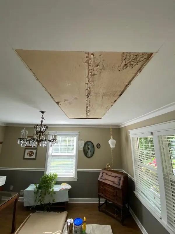 Dining room ceiling opened to the boards above, Fairview, TN