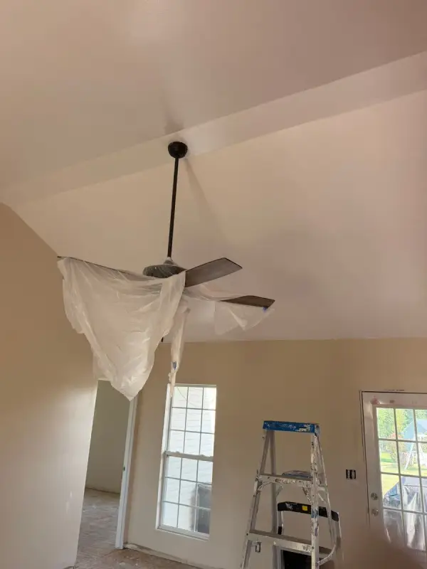 Vaulted room with fan under plastic and a ladder, Pleasant View, TN