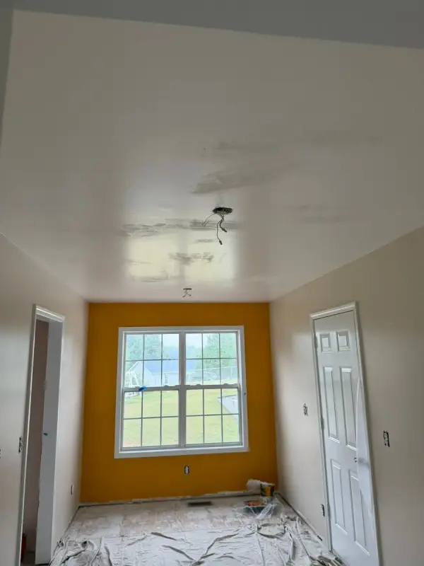 Patched ceiling over a room with a marigold wall, Pleasant View, TN