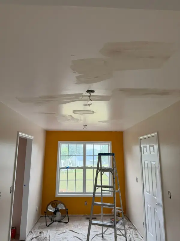 Patched ceiling and a ladder in front of a marigold wall, Pleasant View, TN