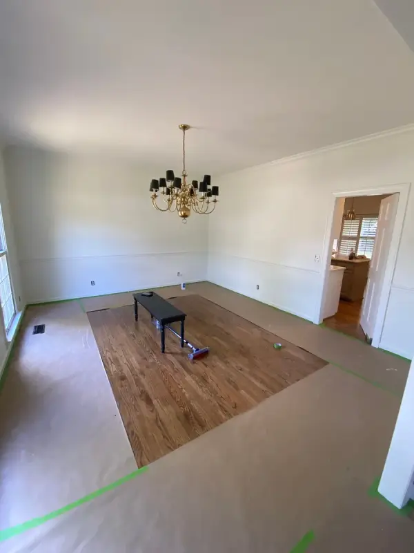 Dining room with taupe walls, floor masked with paper, Bellevue, TN