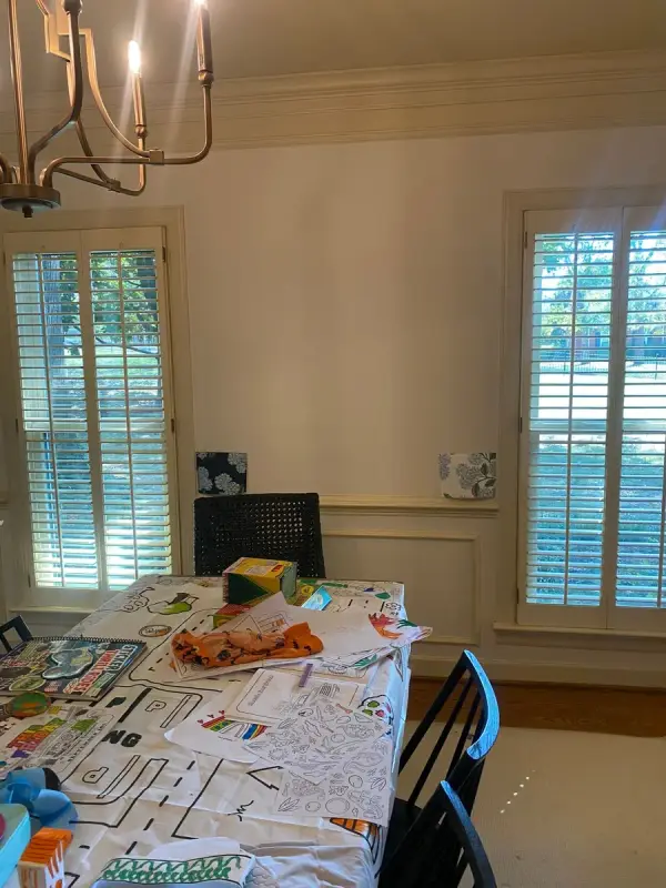 Dining room with white wainscoting and shuttered windows, Brentwood, TN