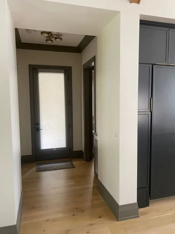 Hall with white walls, dark greige trim and a glass door, Belle Meade, TN
