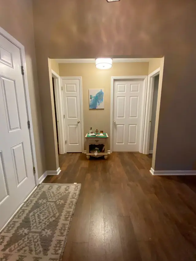 Tan hall with white six-panel doors and baseboards, Bellevue, TN