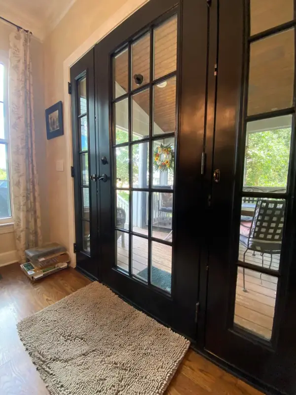 Black French doors with sidelights and white casing, Bellevue, TN