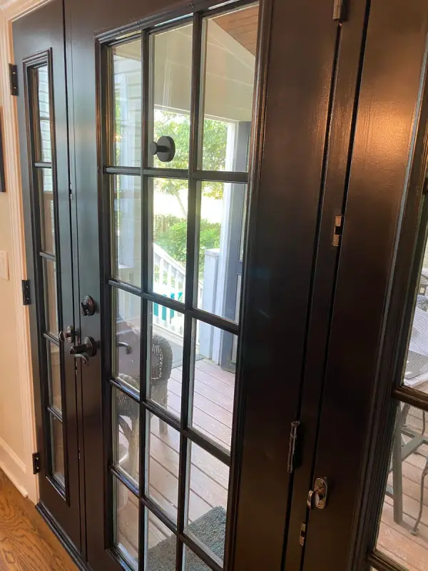 Black French door and hinge side, close angle, Bellevue, TN