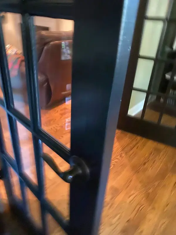 Black door muntins and handle, close and blurred, Bellevue, TN