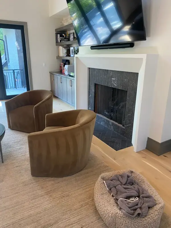 White fireplace surround with dark tile, side view, Belle Meade, TN