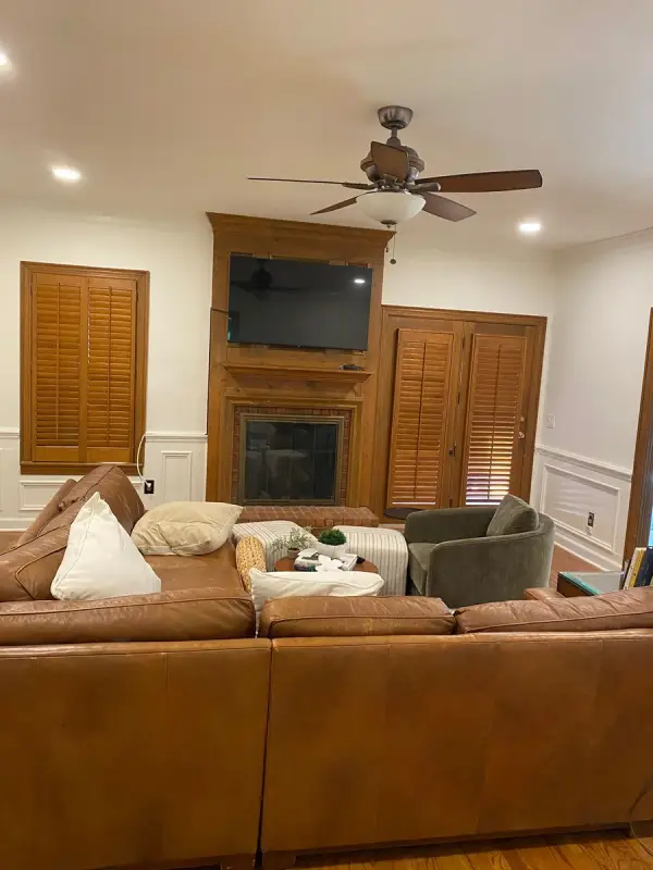 Stained wood fireplace mantel and shutters before painting, Brentwood, TN
