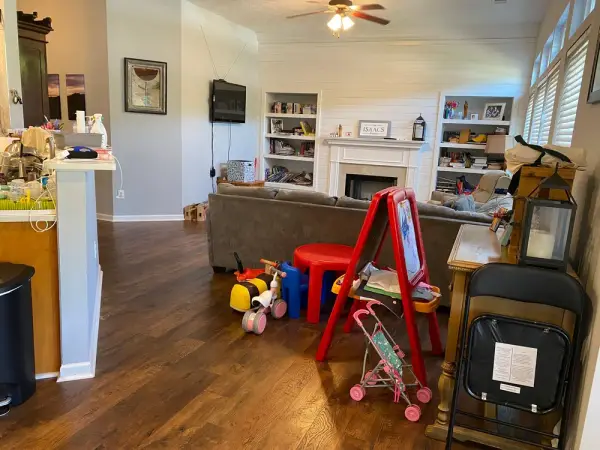 Family room with gray walls and white built-ins, Bellevue, TN