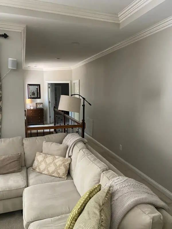 Sitting area with greige walls and white crown, Brentwood, TN