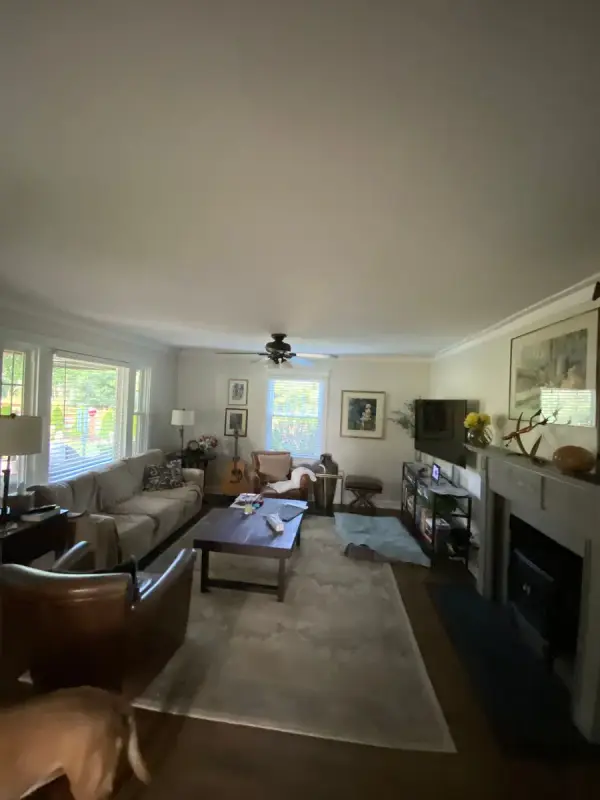 Living room with white fireplace surround and crown, Fairview, TN